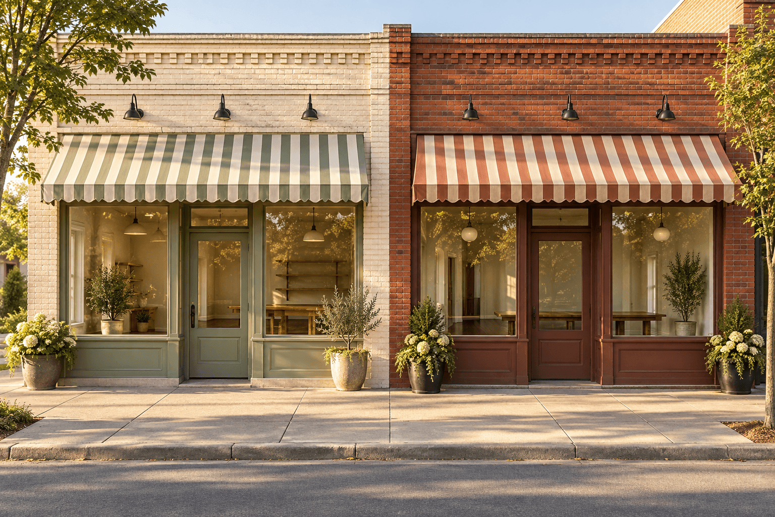 Two illustrative neighborhood storefronts beside one another